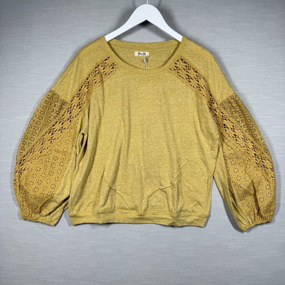 Miss Me‎ Top Womens Small Mustard Yellow Boho Lace Cozy Casual Cottage Core